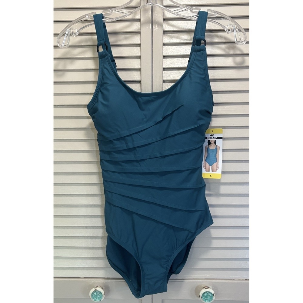 DKNY One Piece Swimsuit NWT Full Coverage Adj Strap Size Small Pleated Emerald